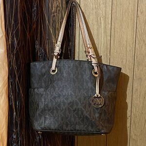 Michael Kors Dark Brown MK Monogram Tote with Gold Charm